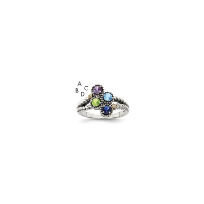 Sterling Silver Antiqued w/14k 4-stone w/Diamond Mother's Ring