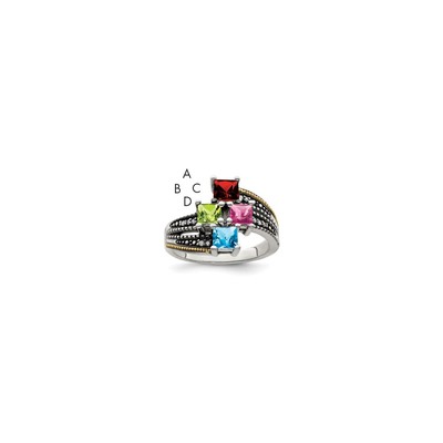 Sterling Silver Antiqued w/14k 4-stone w/Diamond Mother's Semi-Mount Ring