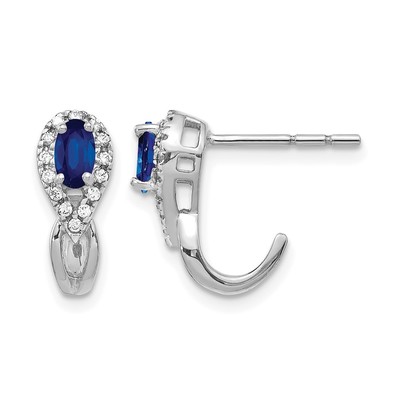 14k White Gold Diamond and Sapphire J Hoop Post Earrings