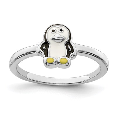 Sterling Silver Rhodium-plated Childs Enameled Penguin Ring