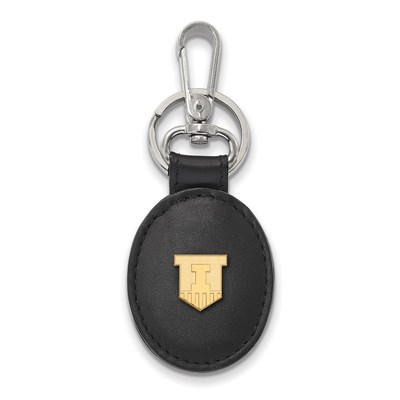Sterling Silver w/GP LogoArt University of Illinois Black Leather Oval Key