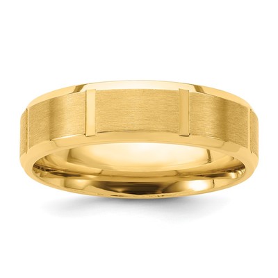 14k Yellow Gold 6mm Heavyweight Comfort Fit Brushed/Polished Beveled Edge with Vertical Lines Wedding Band Size 8