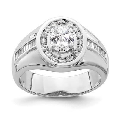Sterling Silver Rhodium-plated Oval CZ & Baguettes Halo Ring