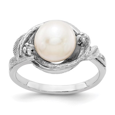 14k White Gold 7.5mm FW Cultured Pearl AAA Diamond ring