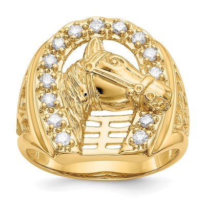 14k Mens Diamond Horseshoe with Horse in Center Ring
