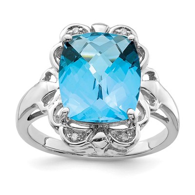 Sterling Silver Rhodium Checker-Cut Blue Topaz & Diam. Ring
