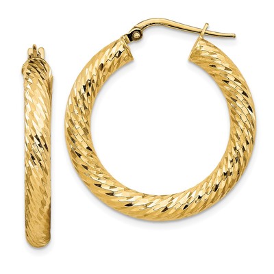14k 4x20mm Diamond-cut Round Hoop Earrings