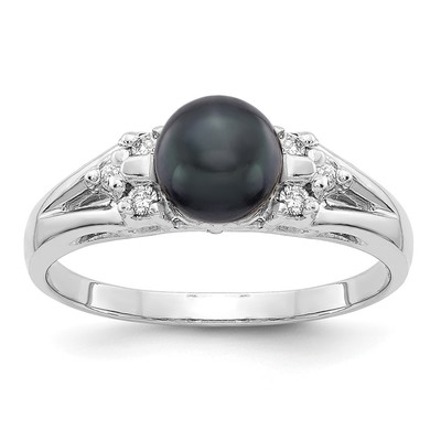 14k White Gold 6mm Black FW Cultured Pearl VS Diamond ring