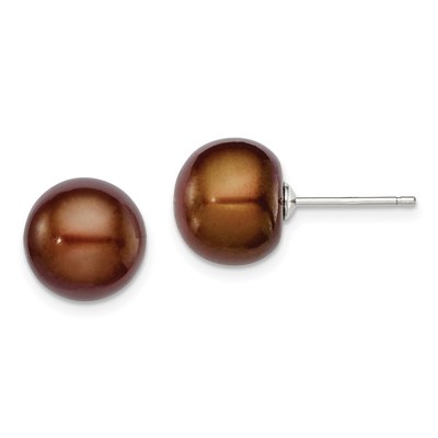 Sterling Silver Rhodium-plated 10-11mm Brown Button Freshwater Cultured Pearl Post Earrings