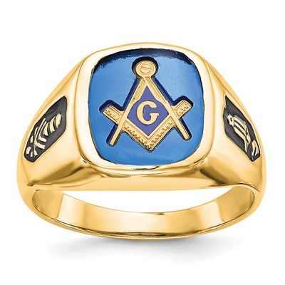 14k Men's Polished and Grooved with Black Enamel and Imitation Blue Spinel Masonic Ring