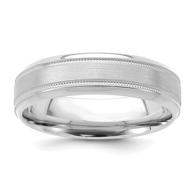 14k White Gold 6mm Standard Weight Comfort Fit Brushed Satin/Polished Milgrain Grooved Edge Wedding Band Size 10