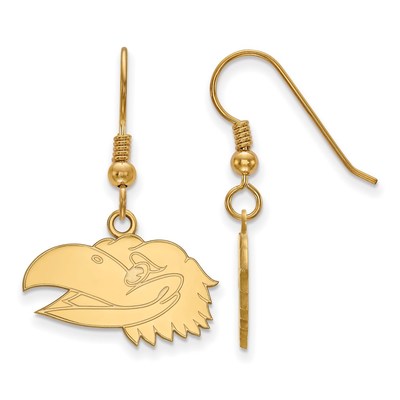 Sterling Silver Gold-plated LogoArt University of Kansas Jayhawk Small Dangle Wire Earrings