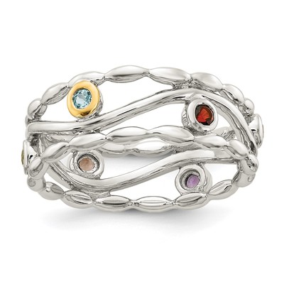 Shey Couture Sterling Silver Rhodium-plated with 14K Accent Round Bezel Amethyst Blue Topaz/Citrine/Garnet/Peridot and Smoky Quartz Ring