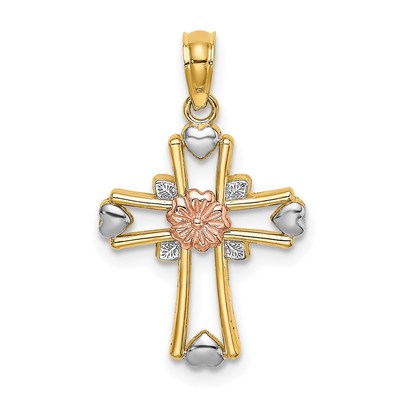 14K Two-tone w/White Rhodium Cross w/Flower and Heart Charm