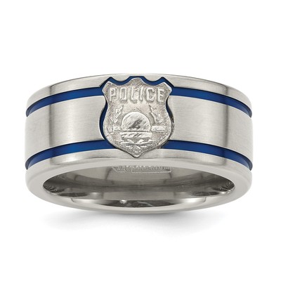 Edward Mirell Titanium Brushed Blue Anodized Double Groove with Sterling Silver Police Shield Flat 10mm Band