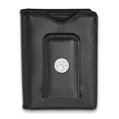 SS Rh-p LogoArt Clemson University Black Leather Money Clip Wallet