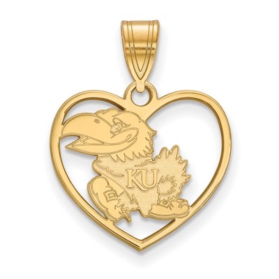 Sterling Silver Gold-plated LogoArt University of Kansas Jayhawk Heart Pendant