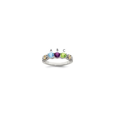 Sterling Silver Antiqued w/14k 3-stone w/Diamond Mother's Ring Semi-Mount