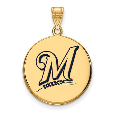 Sterling Silver Gold-plated MLB LogoArt Milwaukee Brewers Letter M Large Enameled Disc Pendant