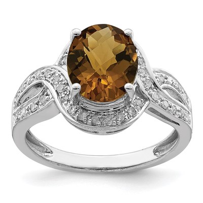 Sterling Silver Rhodium Diam. & Oval Checker-Cut Whiskey Quartz Ring