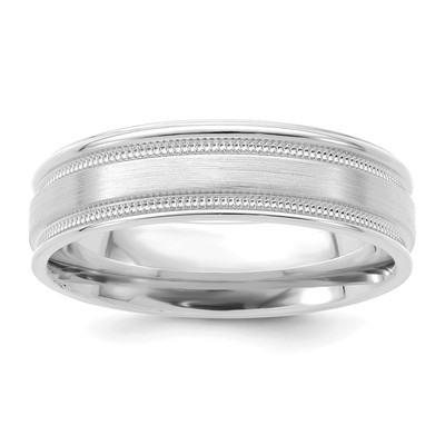 14k White Gold 6mm Lightweight Comfort Fit Brushed Satin/Polished Milgrain Grooved Edge Wedding Band Size 10.5