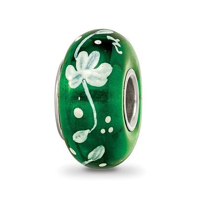 Ster.Silver Reflections Hand Painted Clover Floral Fenton Glass Bead