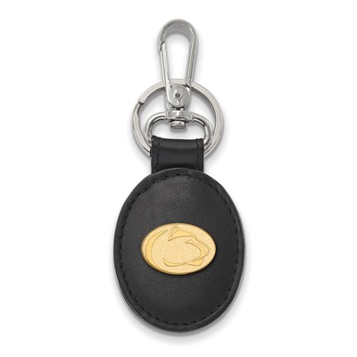 Sterling Silver w/GP LogoArt Penn State U Black Leather Oval Key Chain