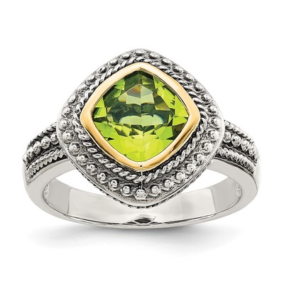 Shey Couture Sterling Silver with 14K Accent Antiqued Cushion Bezel Peridot Ring