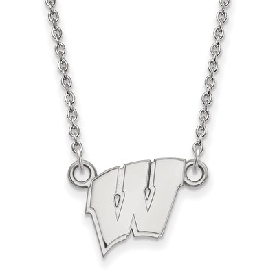 Sterling Silver Rhodium-plated LogoArt University of Wisconsin Letter W Small Pendant 18 inch Necklace