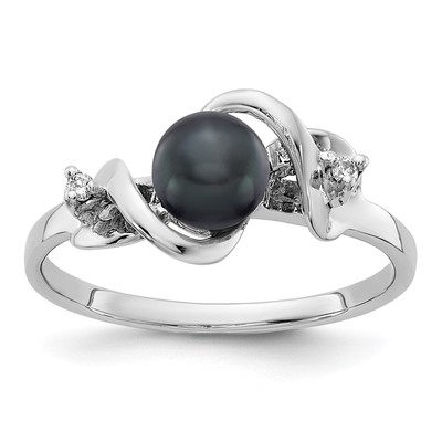 14k White Gold 5.5mm Black FW Cultured Pearl AA Diamond ring