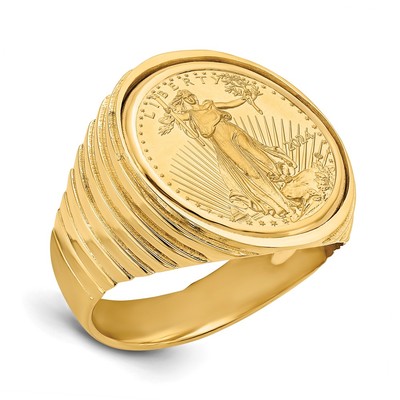 Wideband Distinguished Coin Jewelry 14k Men's Polished Ribbed Edge Mounted 1/10oz American Eagle Coin Bezel Ring