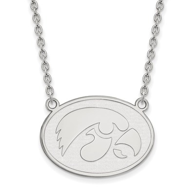 Sterling Silver Rhodium-plated LogoArt University of Iowa Hawk Large Oval Pendant 18 inch Necklace