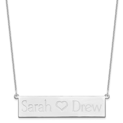 14k White Gold Brushed 2 Names and Heart Bar Necklace