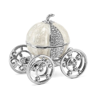 Luxury Giftware by Jere Pewter Bejeweled Crystals Silver-tone Enameled EVER AFTER Pumpkin Coach w/Ring Pad Trinket Box with Matching 18 Inch Necklace