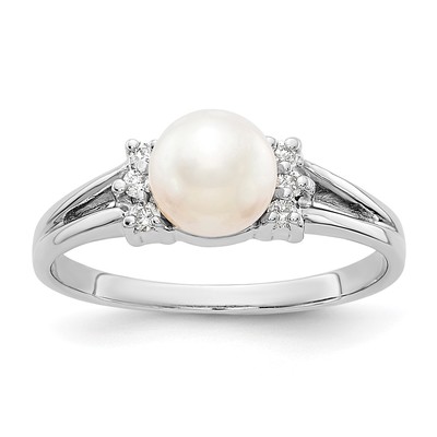 14k White Gold 6mm FW Cultured Pearl AAA Diamond ring
