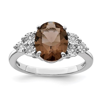 Sterling Silver Rhodium Diam. & Smoky Quartz Ring