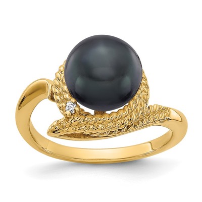14k 8.5mm Black FW Cultured Pearl AA Diamond ring
