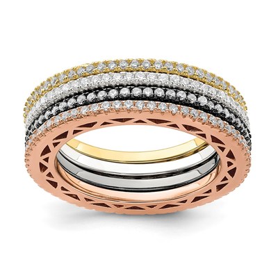 Sterling Silver & Rose, Gold, & Black-tone CZ 4 Band Set