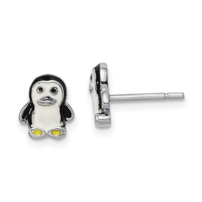 Sterling Silver Rhodium-plated Polished Multi-color Enameled Penguin Children's Post Earrings