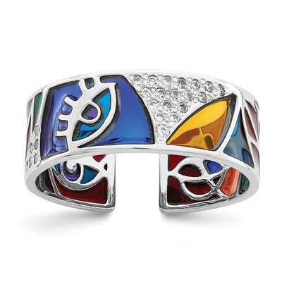 Sterling Silver Rhodium-plated Abstract Multi-color Enamel & CZ Cuff Ring