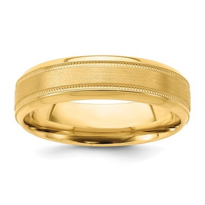 14k Yellow Gold 6mm Standard Weight Comfort Fit Brushed Satin/Polished Milgrain Grooved Edge Wedding Band Size 8