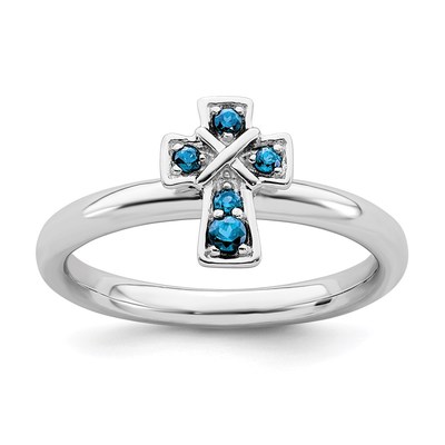 Sterling Silver Stackable Expressions Rhodium Blue Topaz Cross Ring