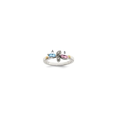 Sterling Silver Antiqued w/14k 2-stone w/Diamond Mother's Ring Semi-Mount